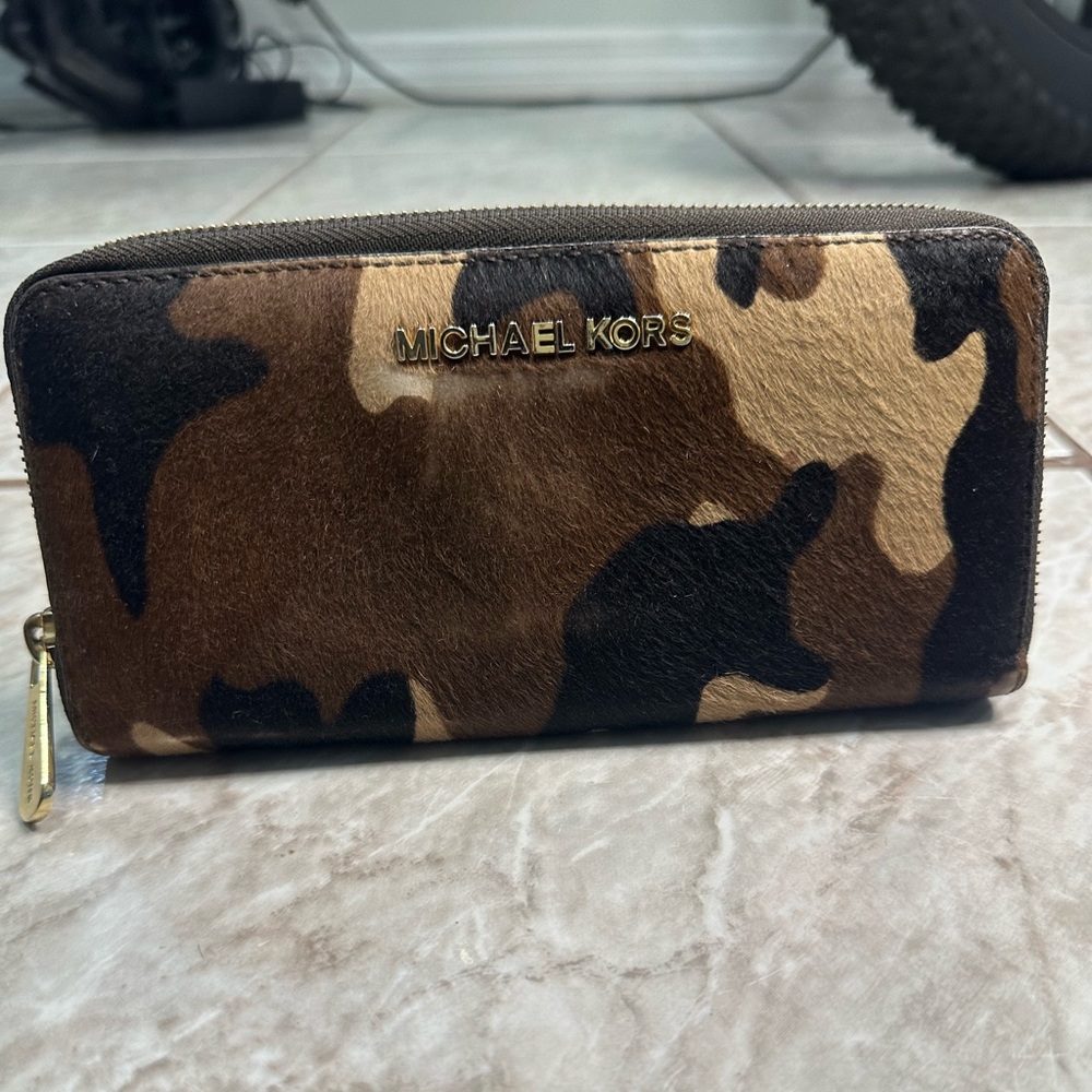 Michael Kors Brown Camoflouge Calf Hair Zip Wallet